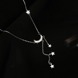 NEW Bling 925 Silver Sterling Tassel Star Moon Necklace For Women Clavicle Chain Woman Jewelry Birthday Gift Accessories