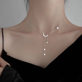 NEW Bling 925 Silver Sterling Tassel Star Moon Necklace For Women Clavicle Chain Woman Jewelry Birthday Gift Accessories